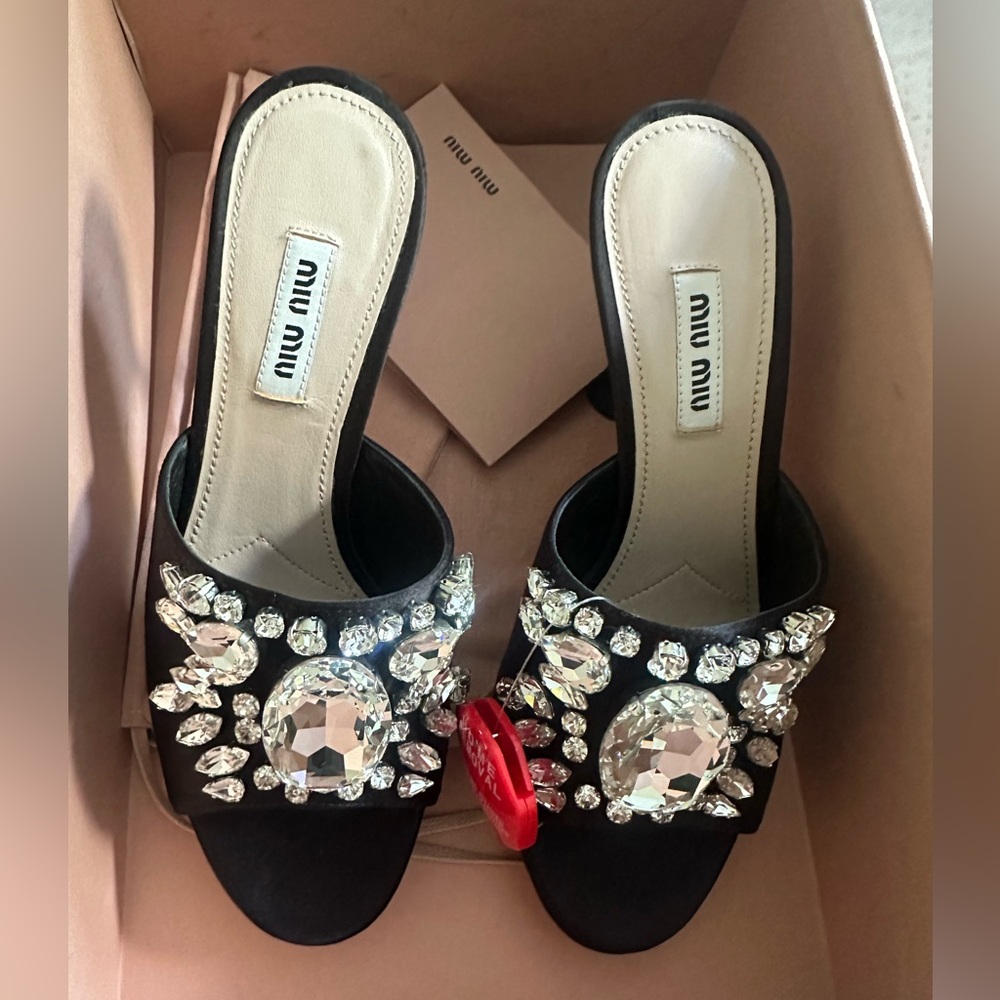 Miu Miu Black Silk Crystal Embellished Mules
